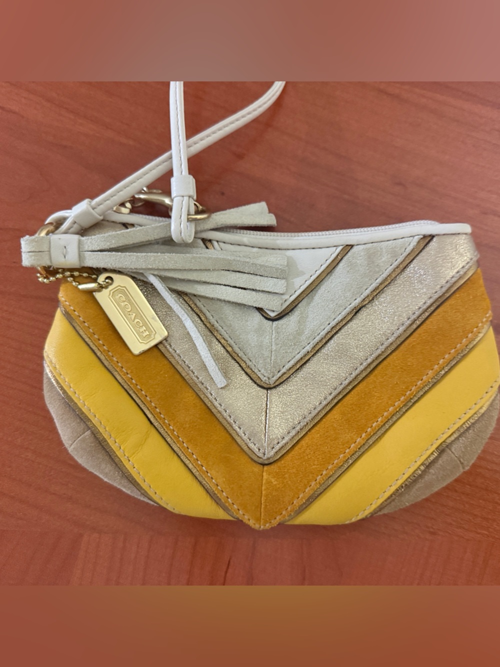 Coach Chevron Colorblock Wristlet in Yellow, Tan & Cream